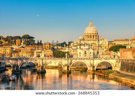 View at Tiber and St. Peter\'s cathedral in Rome