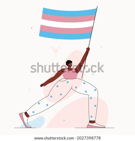 Vector illustration with transgender person with rainbow flag in his hand going to the demonstration.