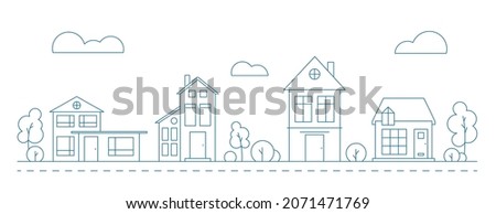 Line art vector neighborhood illustration with houses. Cityscape with blue residential buildings.