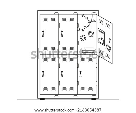 Five closed school lockers and one open drawing in line art style. Black and white vector illustration.