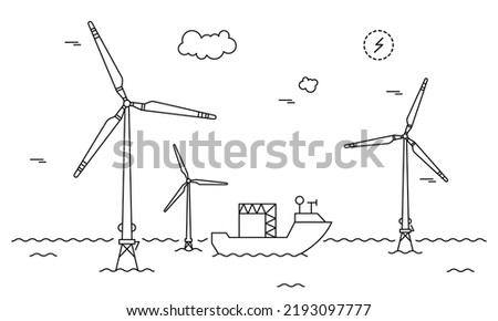 Wind turbine farm. Line art style.