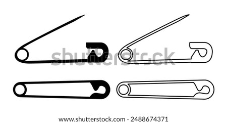 Safety pin black and white flat vector icon set. Safety pin symbol and clip art