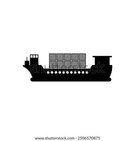 Cargo transport ship black and white flat vector icon design. Ship symbol and clip art