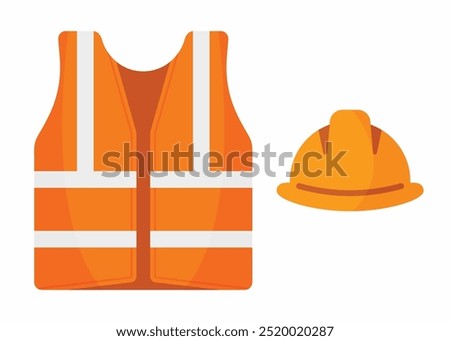 Safety jacket and helmet flat vector illustration isolated on white background