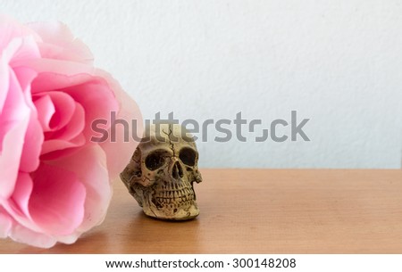 Old small human skull with pink rose on wood background