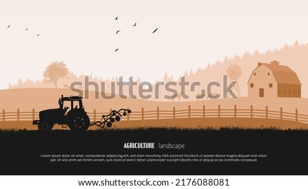 Agriculture landscape with tractor, barn and farm. Cows, horses, sheep. Banner with copy space. Silhouettes.