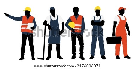 Set of workers silhouettes isolated on white. Florist, plumber, construction worker, builder.