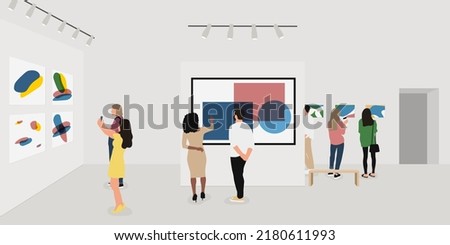 Exhibition visitors viewing modern abstract paintings at contemporary art gallery. Men and women enjoying artworks. Colourful vector illustration in flat style.