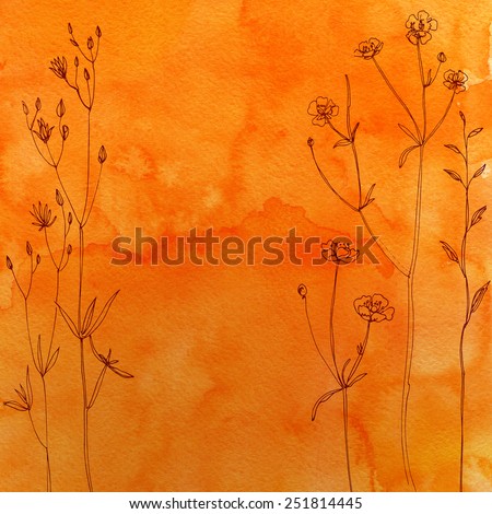 Watercolor background with beautiful colored flowers and herbs painted line. Background of colored flowers and herbs.