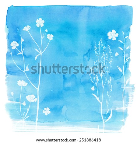 Watercolor background with beautiful color painted flowers and herbs. Colored flowers and herbs, hand-painted line. Blue background with flowers.