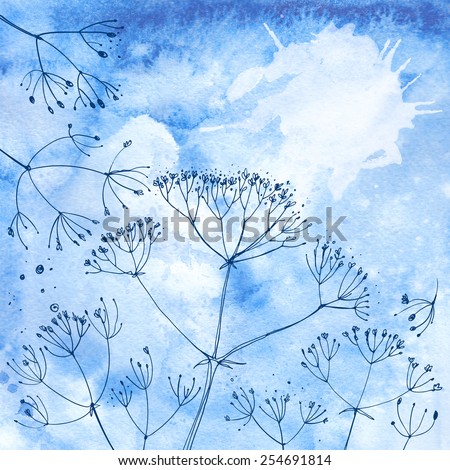 Watercolor background with beautiful color painted flowers and herbs. Colored flowers and herbs, hand-painted line. Blue background with flowers. Dill on a colored background.