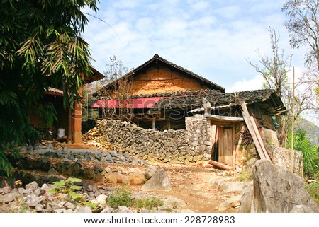 Ha Giang, Vietnam October 22, 2014: The natural scenery in rocky areas with houses made of ethnic Hmong land. Ha Giang is an area of global geological park.