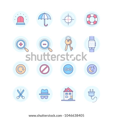 Security and data protection - modern line design style icons set in blue round frame. umbrella, magnifying glass, keys, electronic watch, refresh and forbidden signs, night, scissors, alarm