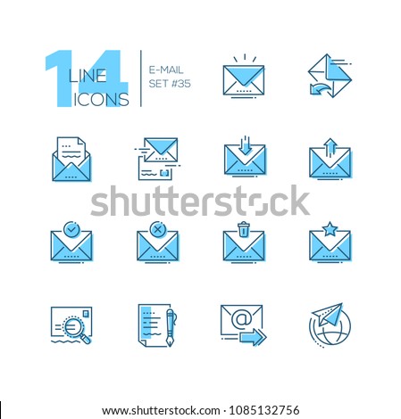 Email - set of line design style icons isolated on white background. Minimalistic pictograms. Main options, send, receive, delete, save, important letter, draft, international correspondence
