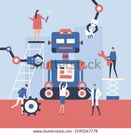 Making a robot - flat design style illustration. Metaphorical composition with cute characters, workers fixing a big mechanism. Teamwork, service and settings concept