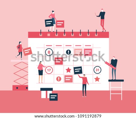 Business planning - flat design style illustration. A composition with cute characters, office workers or businessmen standing next to a big calendar. Time management concept