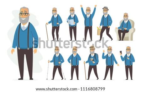 Senior man - vector cartoon people character set isolated on white background. Cheerful grandfather in different situations and poses, nordic walking, travelling, going shopping, sitting on a chair