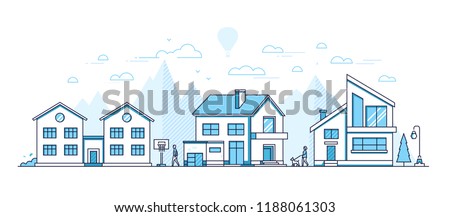 Town life - modern thin line design style vector illustration on white background. Blue colored composition, landscape with facades of cottage houses, basketball hoop, trees, people walking, mountains