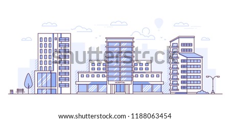 Cityscape with hospital - modern thin line design style vector illustration on white urban background. Purple colored composition with facade of city buildings, medical center, trees, bench, lantern