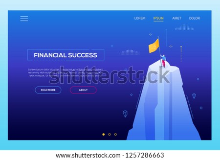 Financial success - modern isometric vector banner on dark blue background. High quality composition with businessman standing on a mountain top, putting a flag with dollar sign. Goal achievement