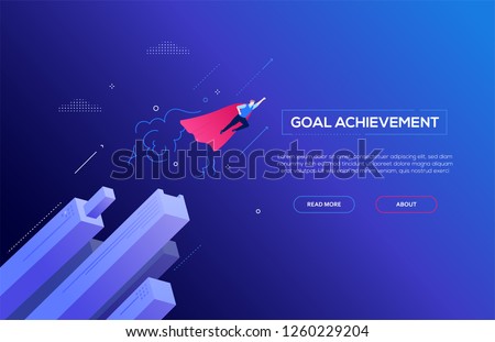 Goal achievement - modern isometric vector web banner on dark blue background. High quality composition with businessman in a superhero cape flying. Leadership, motivation, ambition concept