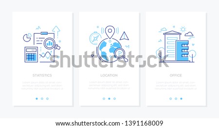 Business and finance - set of line design style vertical web banners with copy space for text. Images of a clipboard, diagrams, globe with map pointers, building. Statistics, location, office concepts