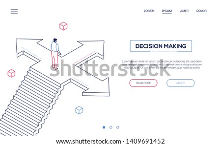 Decision making - line design style isometric web banner on white background with copy space for your text. Quality website header with businessman standing on the crossroads, trying to make choice