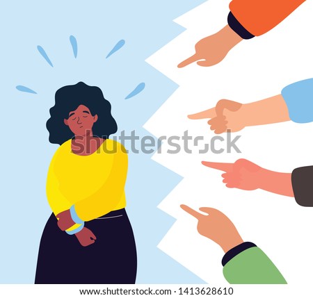 Shame - modern colorful flat design style illustration on white background. A composition with a sad girl feeling guilty or being bullied, fingers pointing at her. Psychological problems concept