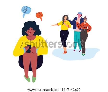 Bullying - modern colorful flat design style illustration on white background. A sad girl sitting alone with a smartphone, feeling ashamed, a group of teenagers mocking her. Problems at school