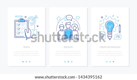 Education - set of line design style vertical web banners on white background with copy space for text. Images of a check list, target, students, lightbulb. Tests, groups, creative process concepts