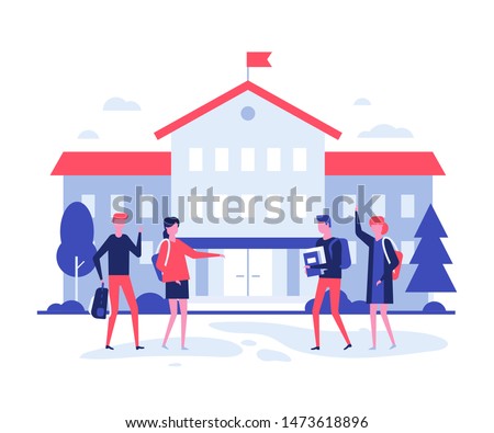 Back to school - flat design style illustration on white background. High quality composition with male, female students, teenagers with books and bags at the building before lessons. Education theme