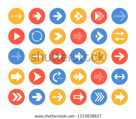 Arrows collection - set of navigational web elements. Buttons, flat icons in colorful round frames. The way left, forward, refresh, rewind, roundtrip isolated symbols for navigation, website loading