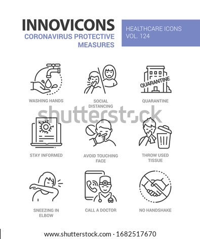 Coronavirus protective measures - line design style icons. Wash hands, social distance, quarantine, do not touch face, throw used tissue, sneezing in elbow, call a doctor, no handshake recommendations