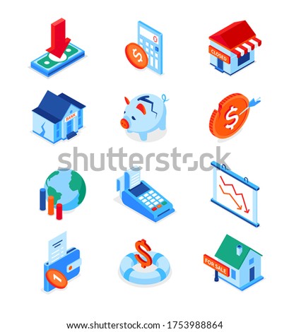 Economic crisis - modern colorful isometric icons set. Bankruptcy, financial and housing issues, inflation, drop in income ideas. Closed shop, house for sale, broken piggy bank, empty wallet images