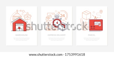 Logistics concept - line design style banners set with place for text. E-commerce idea. Warehouse, express delivery, parcel linear icons. Cargo package, safe storage and transportation services