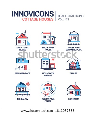 Cottage houses modern line design style icons set. Town, suburban architecture, real estate idea. A collection of buildings with swimming pool, mansard roof, garage, garden. Chalet, bungalow types