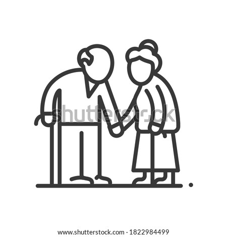 Senior couple - vector line design single isolated icon on white background. High quality black pictogram. Image of retired man and woman with walking cane. Elderly people care, aging process concept