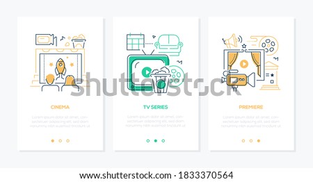 Cinema - vector line design style web banners with copy space for text. Entertainment, leisure idea. Couple watching movie, TV series, premiere linear illustrations. Film reel, camera, popcorn images