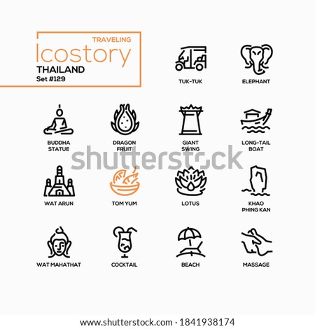 Thailand - modern line design style icons set. Travel and culture concept. Thai cuisine and landmarks. Tuk-tuk, buddha statue, giant swing, long-tail boat, wat arun, tom yum, massage black pictograms