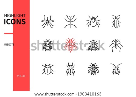Insects collection - modern line design style icons set on white background. Images of mosquito, stick insect, tick, firefly, bumblebee, hornet, horsefly, water strider, stag beetle, wasp, cricket