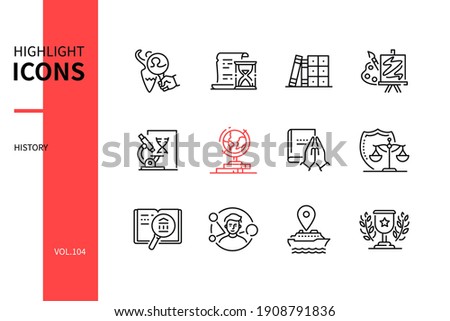 History - modern line design style icons set. Historical science signs and symbols. Artefact, chronicle, archive, arts, discovery, religion, justice, book, society, voyage, victory. Education concept