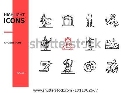 Ancient Rome - modern line design style icons set. Roman culture signs and symbols. Art, mythology and history idea. Toga, Pantheon, sandals, Hercules, gladiator, legionary, Colosseum, law, chariot