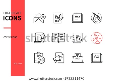 Copywriting - modern line design style icons set. Content management, social media and promotion concept. Email, writing, text, pen, idea, book, notepad, ink, plan, announcement, typewriter, font