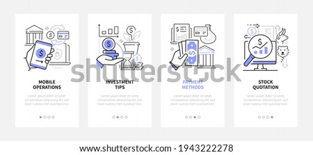 Finance management - modern line design style web banners with copy space for text. Mobile operations, investment tips, payment methods, stock quotations carousel posts. Banking services, finance idea