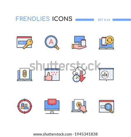 SEO - modern line design style icons set. Web development and marketing idea. Keywords, link, multiple devices, sync, coding, target, group, search box, analytics, rating, button, down speed