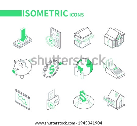 Economic crisis - modern line isometric icons set. Bankruptcy, financial and housing issues, inflation, drop in income ideas. Closed shop, house for sale, broken piggy bank, empty wallet images