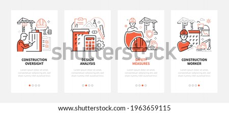 Construction industry - modern line design style web banners with copy space for text. Oversight, analysis, safety measures, worker carousel posts. Building, engineering and architecture idea