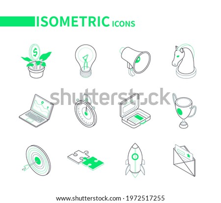 Business and marketing - modern line isometric icons. Financial success, analytics. Money tree, lightbulb, megaphone, chess knight, laptop, alarm clock, briefcase, award, rocket, target, puzzle, email