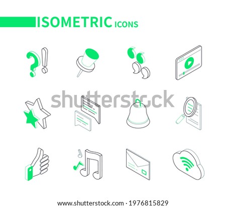 Social media symbols - modern line isometric icons. Marketing and networking idea. Question and exclamation marks, pin, quotes, stars, chat, bell, search, email, thumb up, musical notes, cloud storage