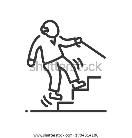 Fall prevention - line design single isolated icon on white background. High quality pictogram. Image of a retired person climbing up the staircase with a cane. Elderly people care, healthcare idea